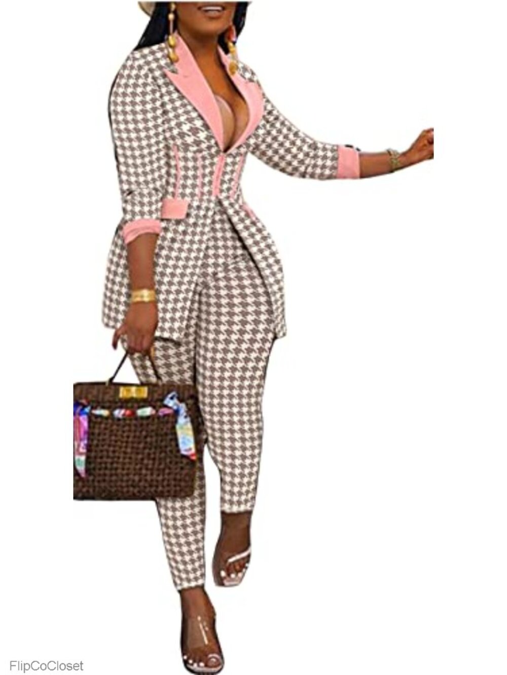Women's 2 Piece Denim Printed Zip Jacket & Bodycon Pants Clubwear Set
